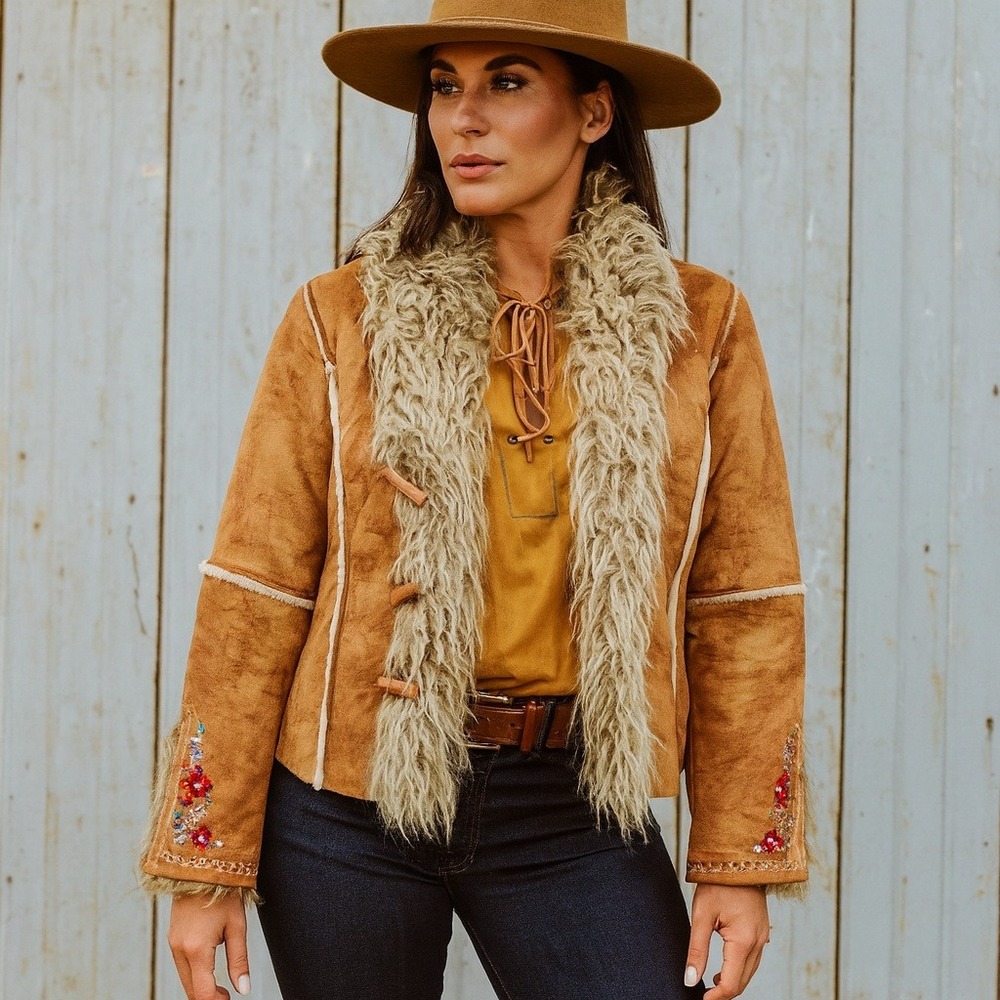 Paparazzi Tan Teddy Jacket with Faux Fur Trim